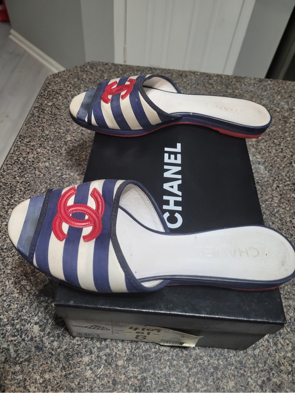 CHANEL Navy, White & Red Striped Slide Mules - Picture 2 of 4